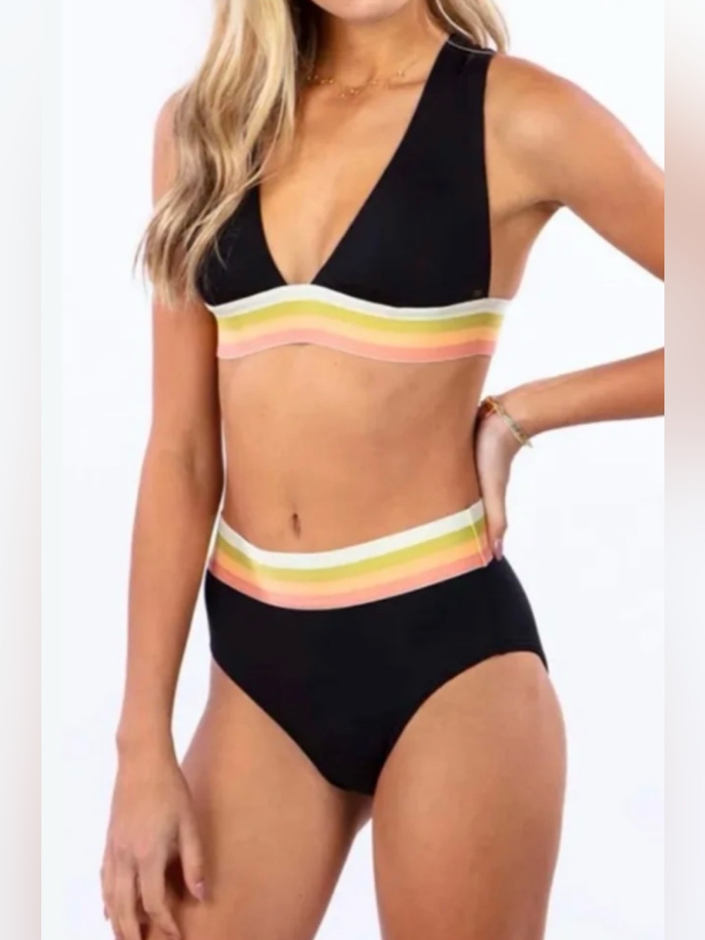 CUPSHE Black High-Waist Bikini Set with Rainbow Stripe Band
